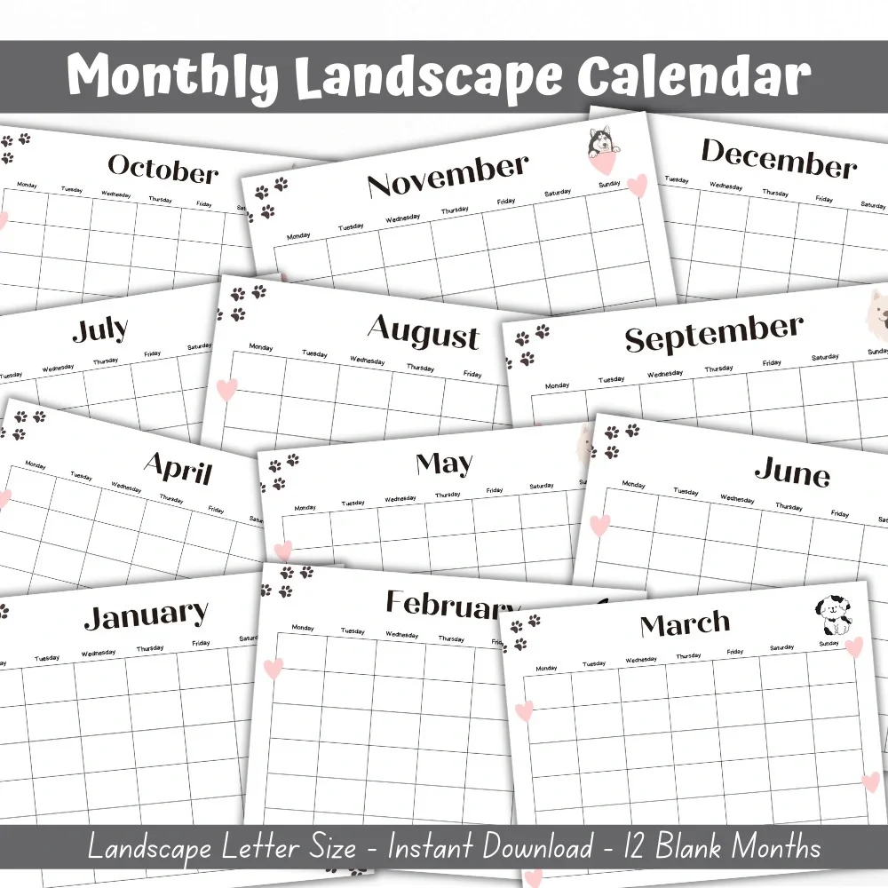 Monthly Landscape Calendar - Black and White